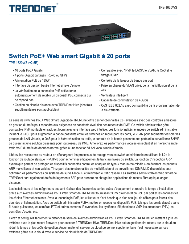 Page 1 de la notice Fiche technique TRENDnet TPE-1620WS