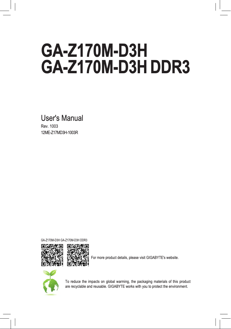 Image de la première page du manuel de l'appareil GA-Z170M-D3H DDR3