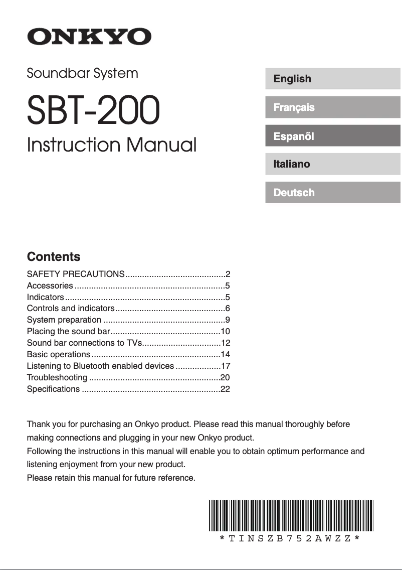 Page n°1 - Manuel utilisateur Onkyo SBT-200