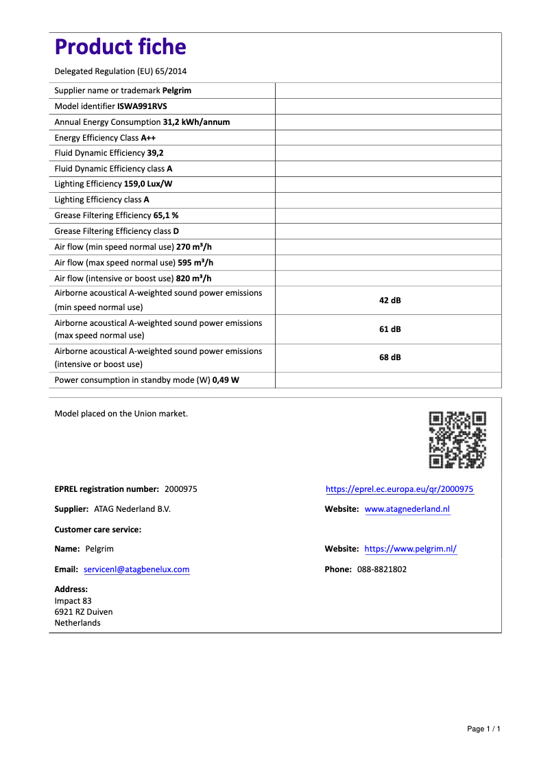 Page 1 de la notice Manuel utilisateur Pelgrim ISWA991RVS
