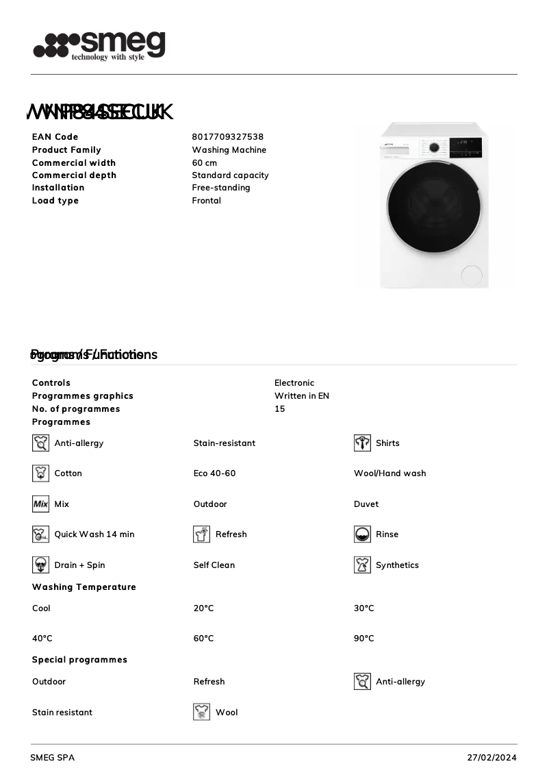 Page 1 de la notice Fiche technique Smeg WNP84SECUK
