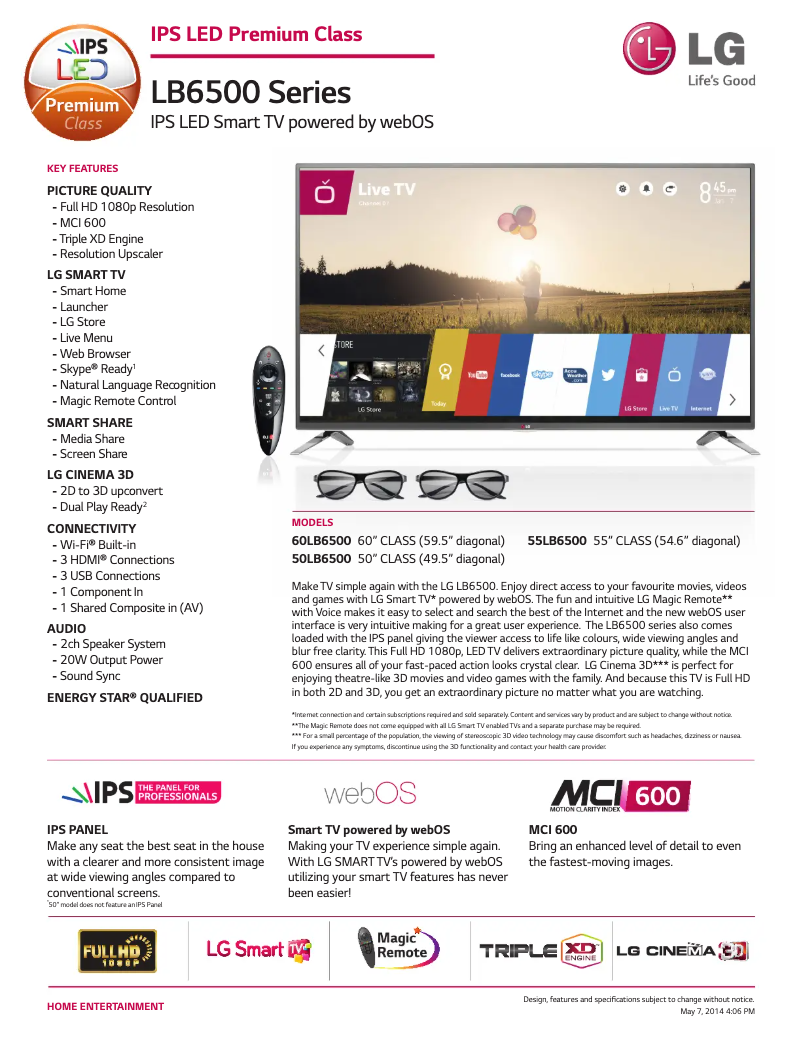 Page n°1 - Fiche technique LG 50LB6500