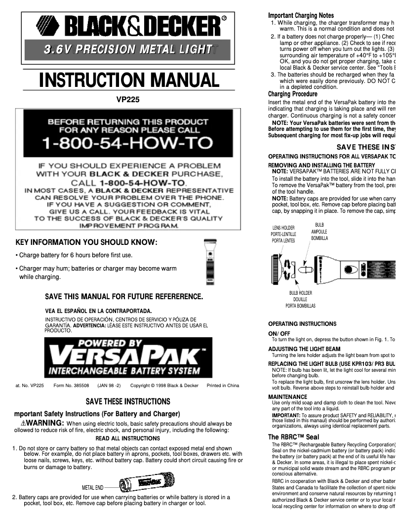 Image de la première page du manuel de l'appareil VP225