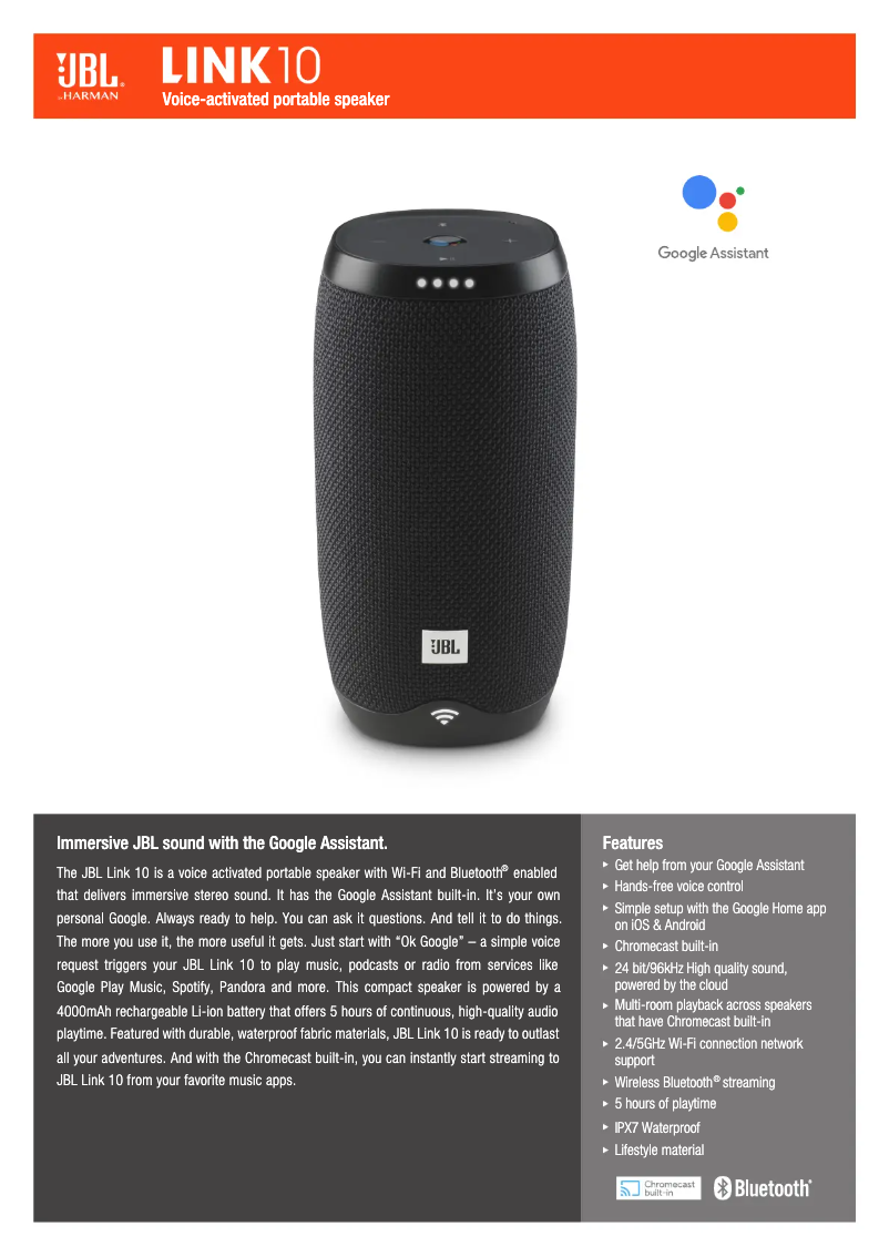 Página 1 del manual Ficha técnica JBL Link 10