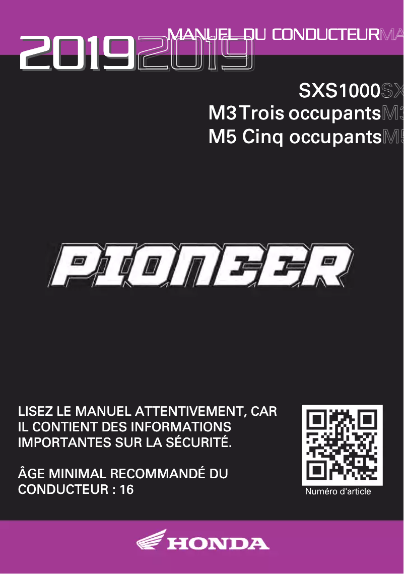 Page n°1 - Manuel utilisateur Honda Talon SXS1000 (2019)