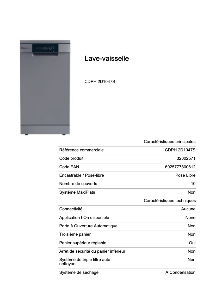 Page 1 de la notice Fiche technique Candy CDPH 2D1047S