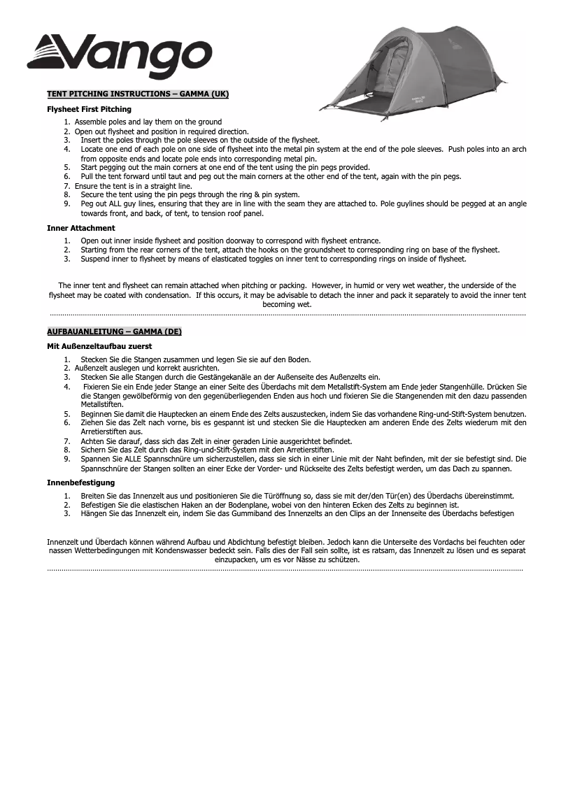 Página 1 del manual Manual de usuario Vango Gamma 200