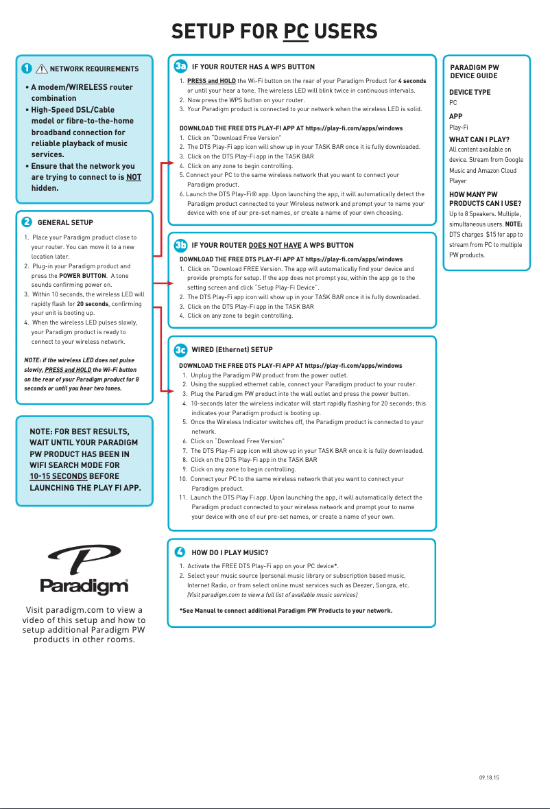 Page 1 de la notice Guide de démarrage rapide Paradigm PW 800