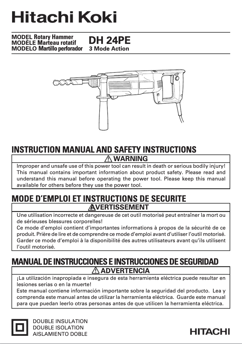 Page 1 de la notice Manuel utilisateur Hitachi DH 24PE