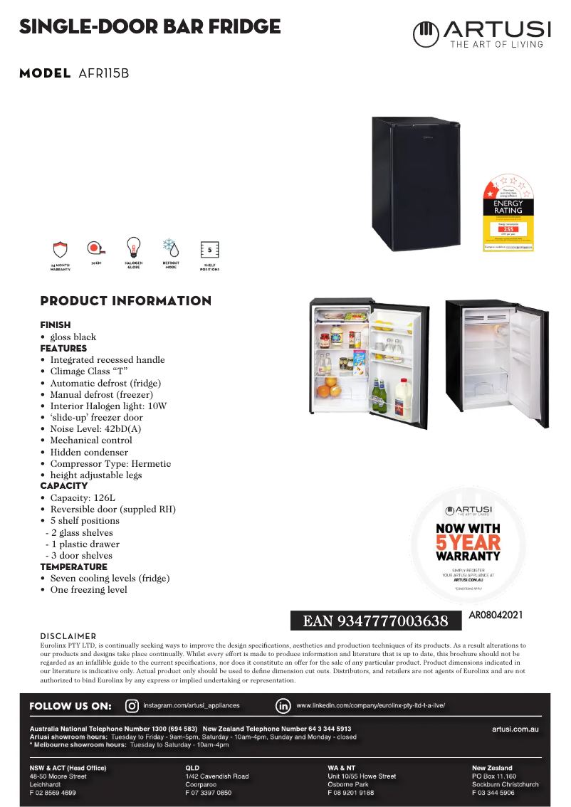 Page 1 de la notice Fiche technique Artusi AFR115B