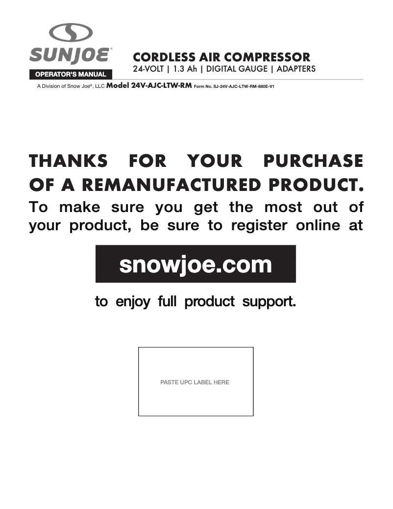 Page 1 de la notice Manuel utilisateur Sun Joe 24V-AJC-LTW-BLK-RM