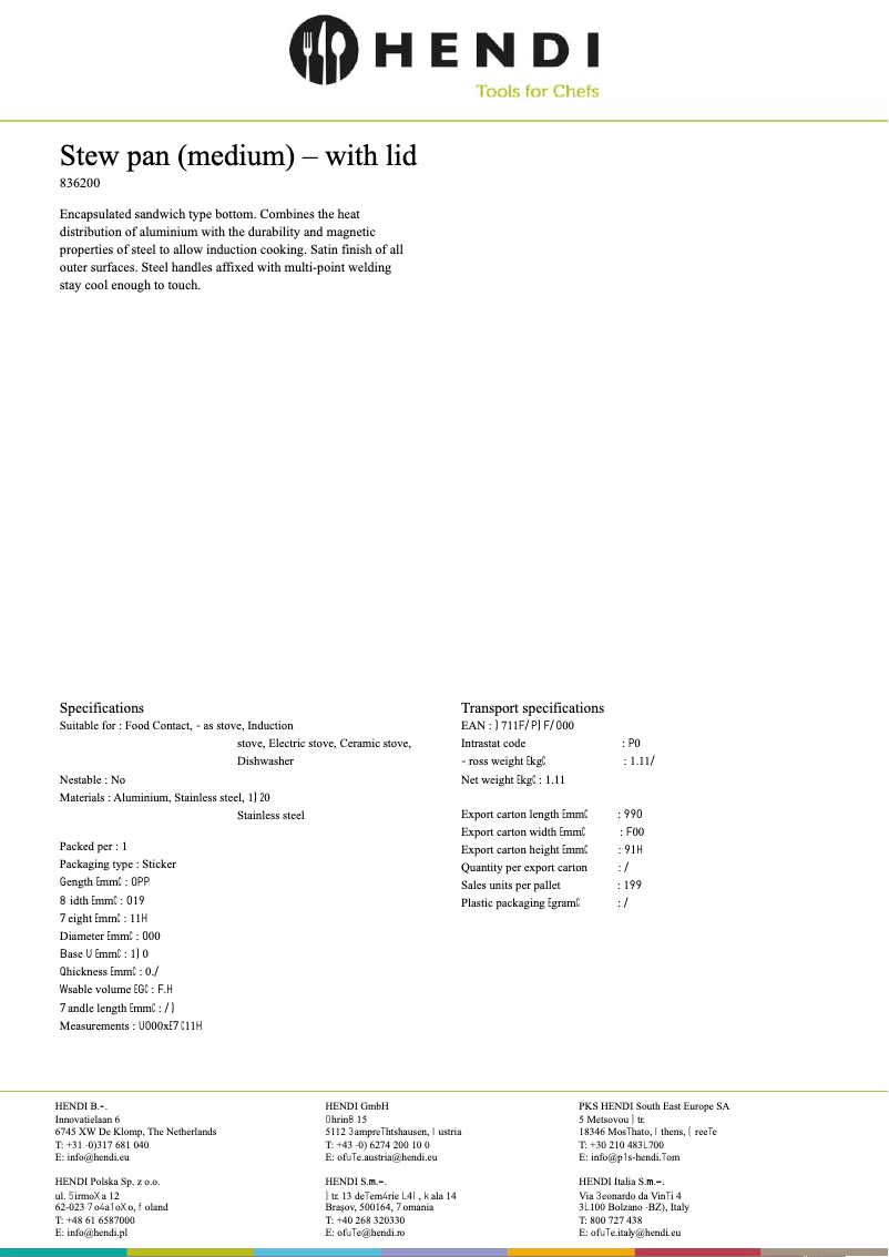 Page 1 de la notice Fiche technique Hendi 836507