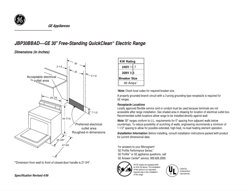 First page image of the manual for Spectra JBP30BBAD
