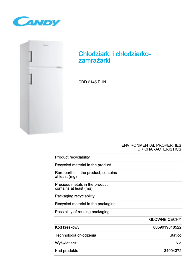Page 1 de la notice Fiche technique Candy CDD 2145 EHN