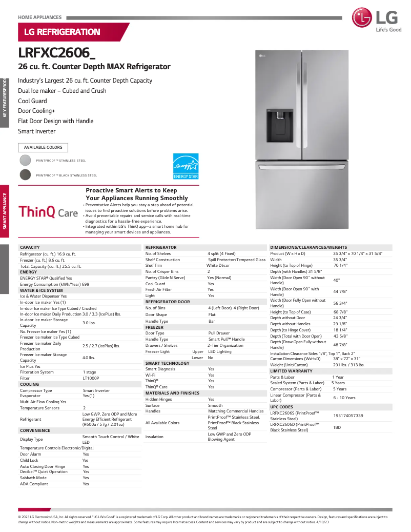 Page 1 de la notice Fiche technique LG LRFXC2606S