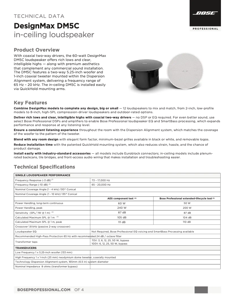 Page 1 de la notice Fiche technique Bose DesignMax DM5C