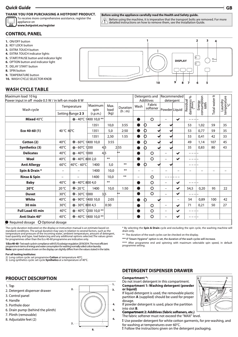Page 1 de la notice Manuel utilisateur Hotpoint NSWA 1044C WW UK N