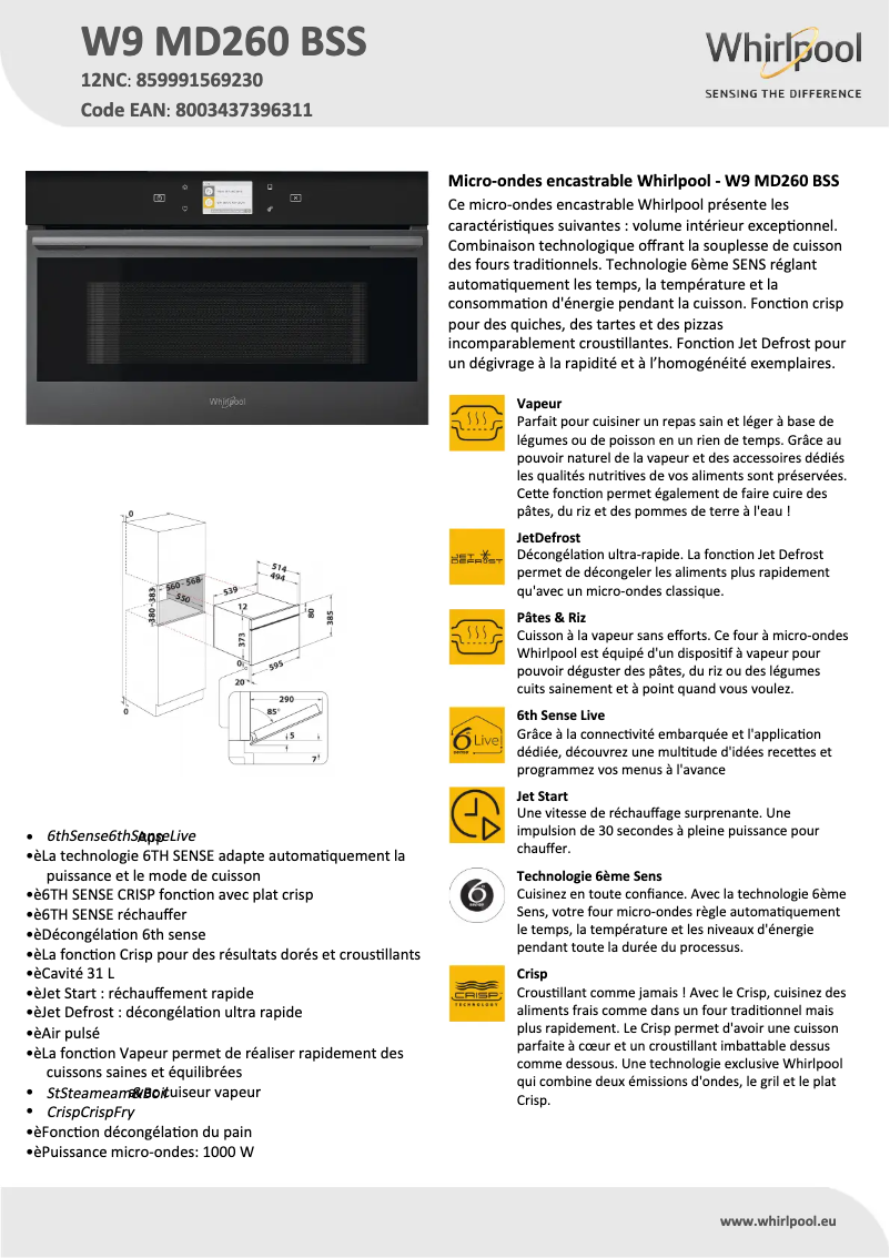 Page n°1 - Fiche technique Whirlpool W9 MD260 BSS