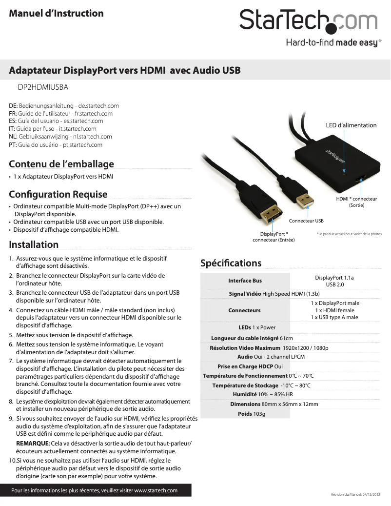 Image de la première page du manuel de l'appareil DP2HDMIUSBA