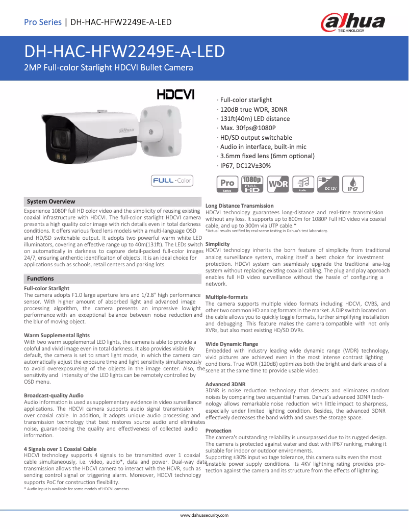 Page n°1 - Fiche technique Dahua Technology HAC-HFW2249E-A-LED
