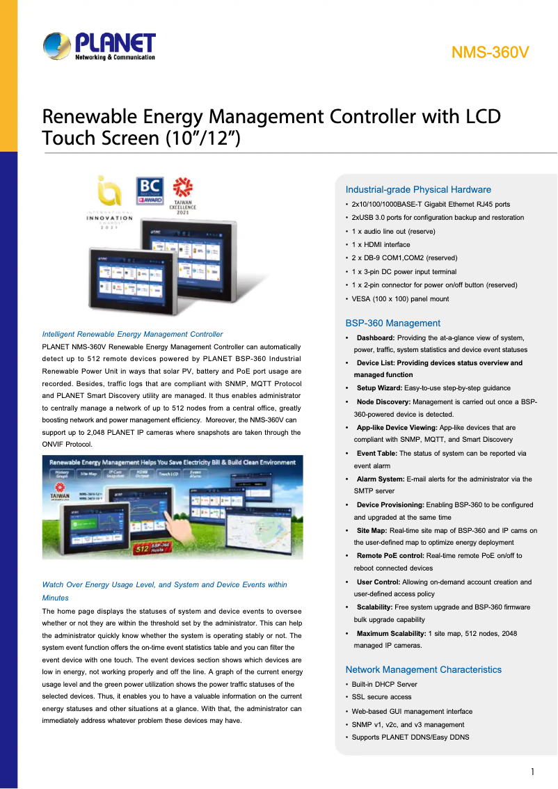 Page 1 de la notice Fiche technique Planet NMS-360V