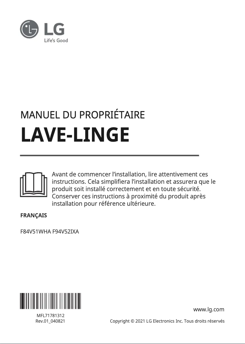 Page 1 de la notice Manuel utilisateur LG F94V52IXA