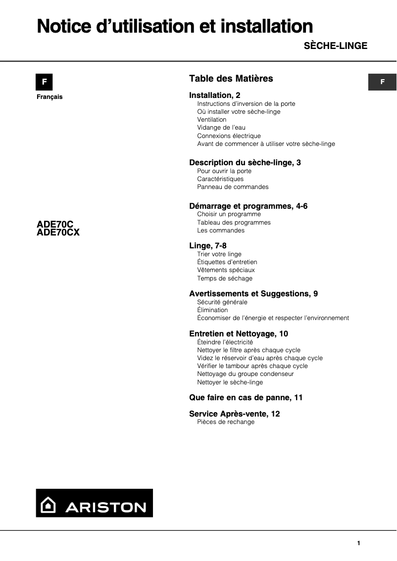 Page n°1 - Manuel utilisateur Ariston Thermo ADE 70 CX