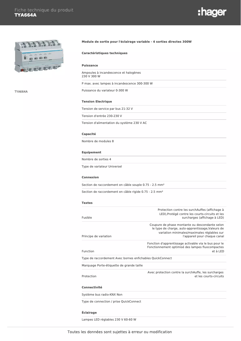 Page 1 de la notice Fiche technique Hager TYA664A