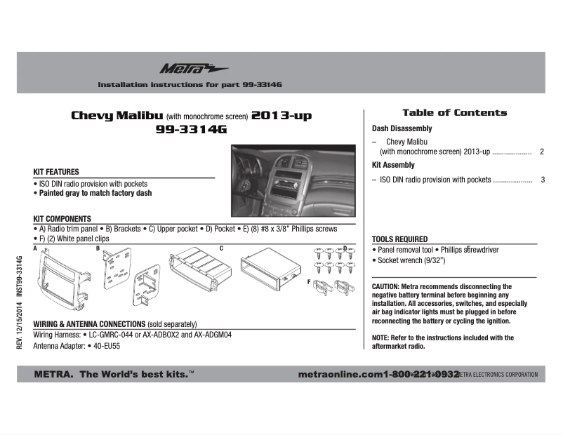 Page n°1 - Manuel utilisateur Metra 99-3314G