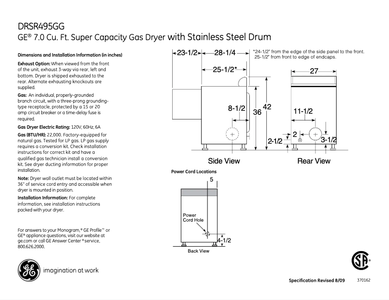 Page n°1 - Fiche technique GE DRSR495GGWW