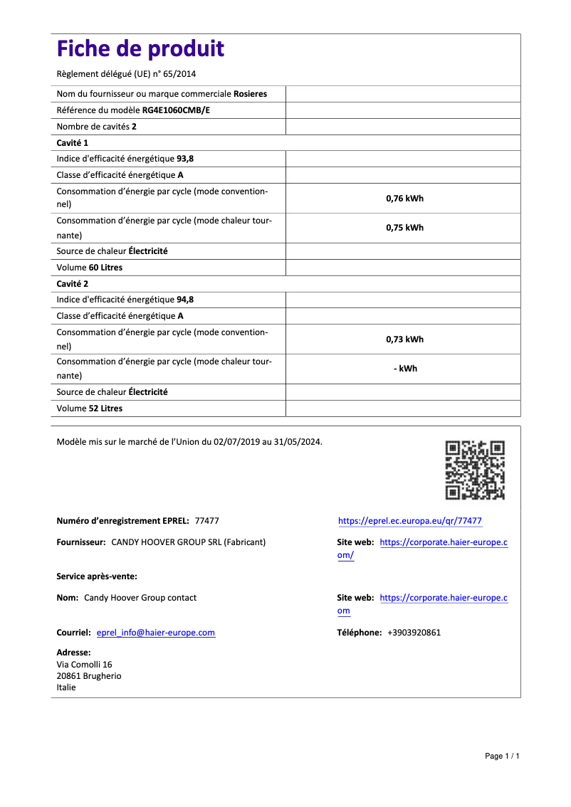 Page 1 de la notice Fiche technique Rosieres RG4E1060CMB/E