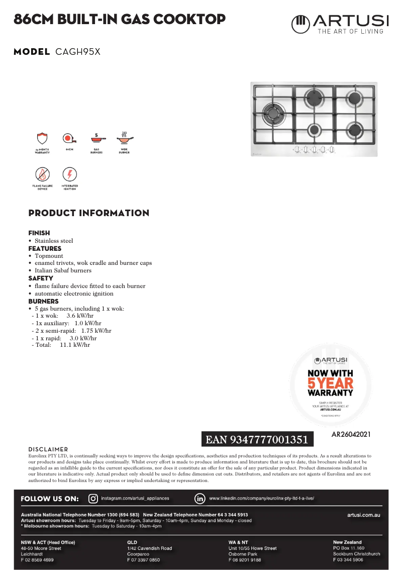 Page 1 de la notice Fiche technique Artusi CAGH95