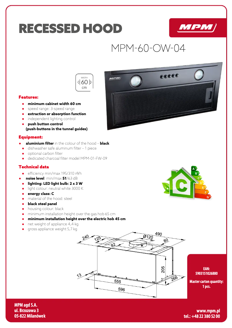 Page 1 de la notice Fiche technique MPM MPM-60-OW-04