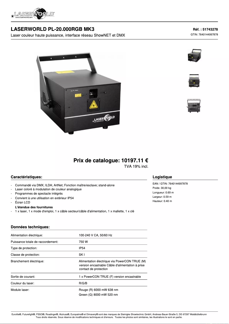 Page 1 de la notice Fiche technique Laserworld PL-20 MK3