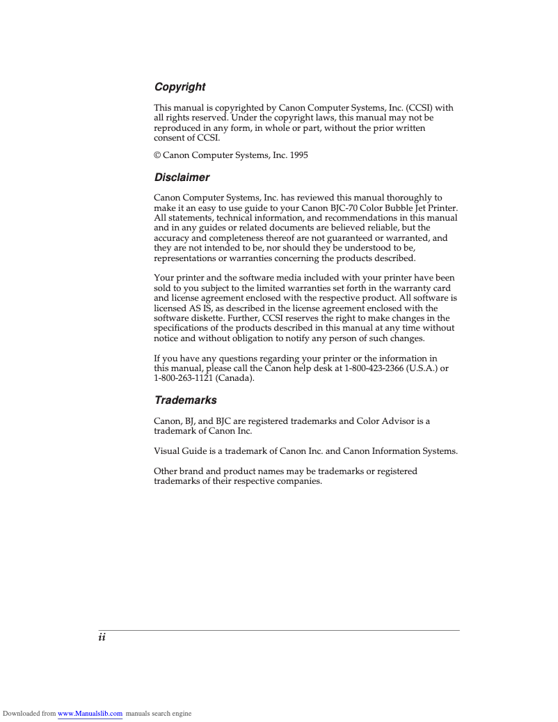 Page 1 de la notice Manuel utilisateur Canon BJC-70