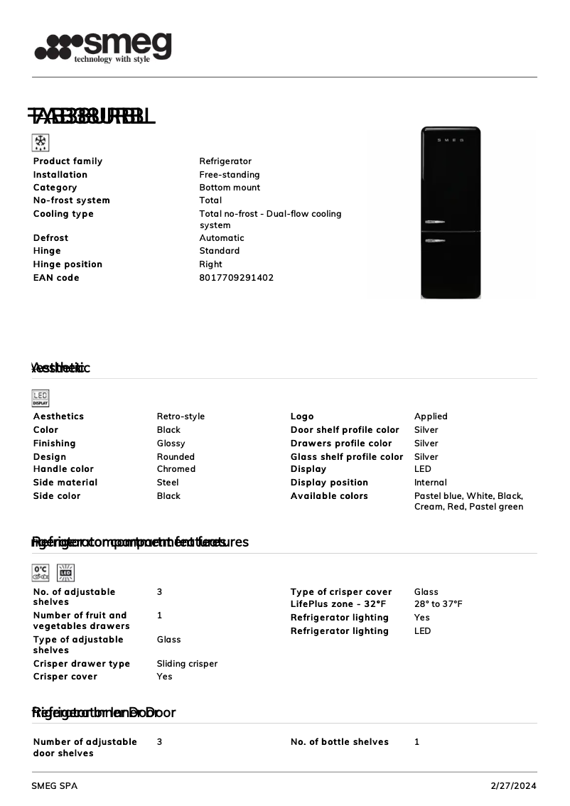 Page n°1 - Fiche technique Smeg FAB38URBL