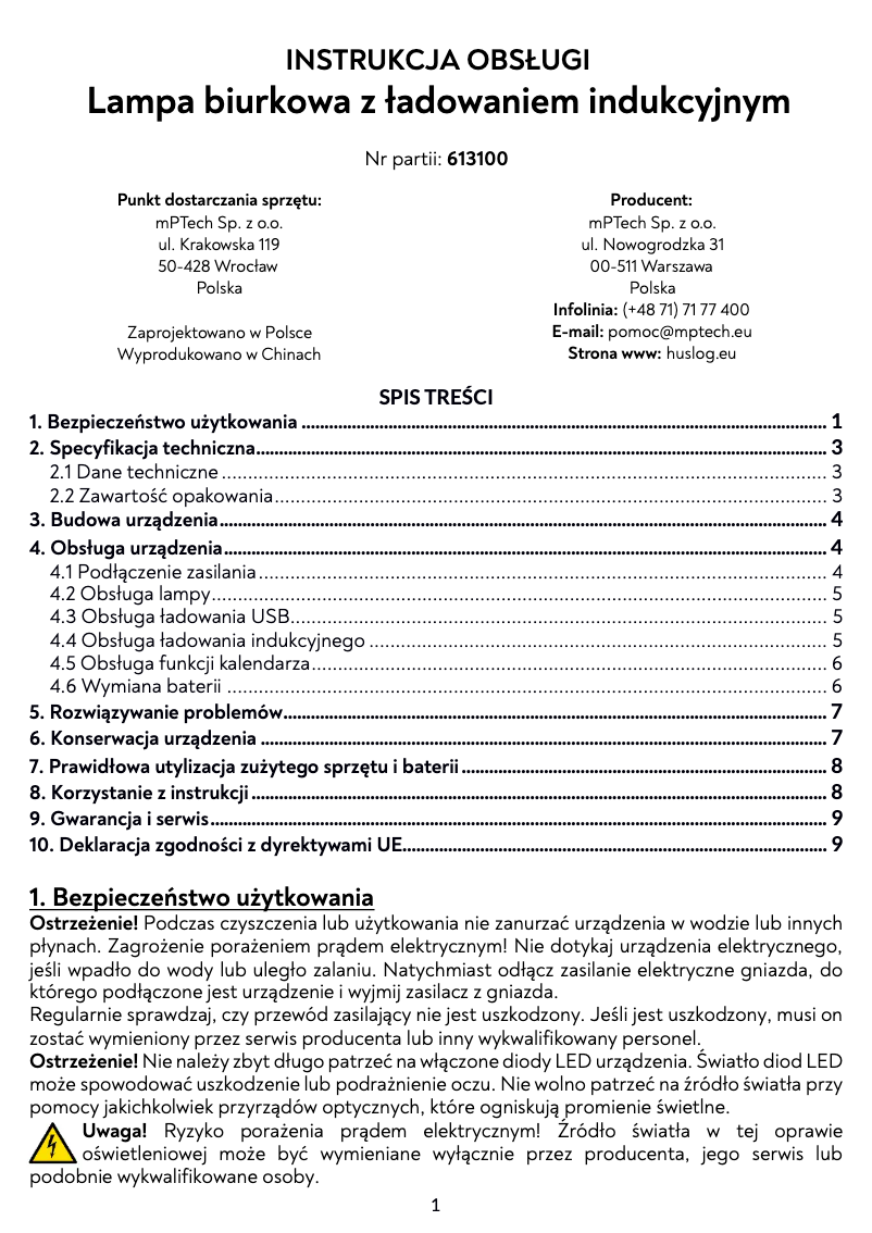 Page n°1 - Manuel utilisateur Huslog OW-3912