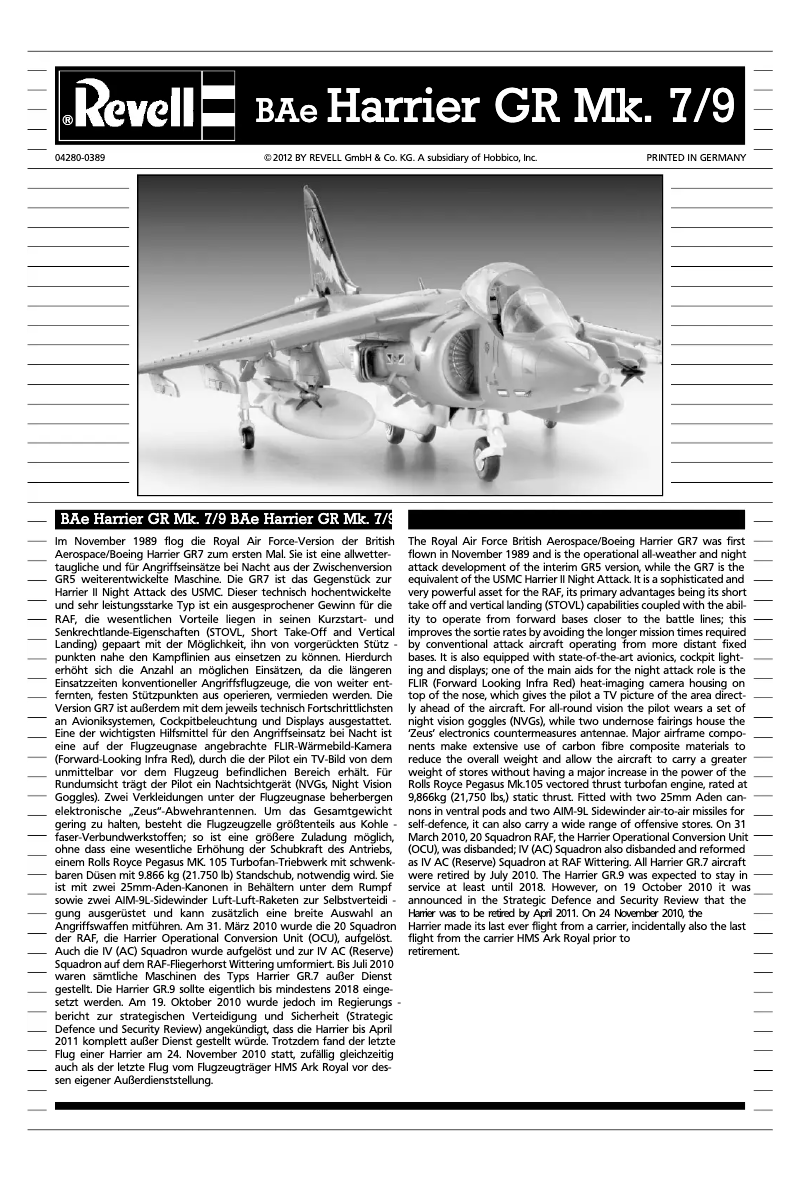 Page n°1 - Manuel utilisateur Revell BAe Harrier GR Mk.7