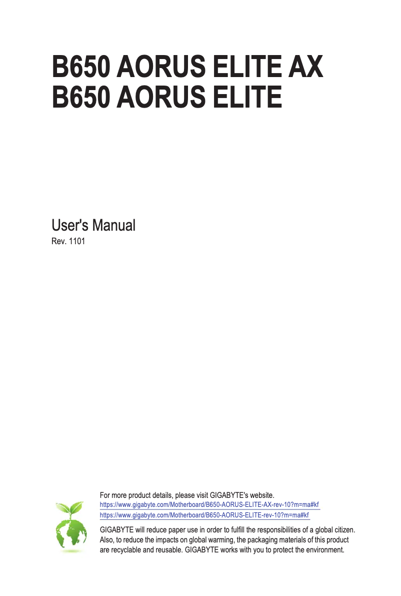 Image de la première page du manuel de l'appareil B650 AORUS ELITE AX