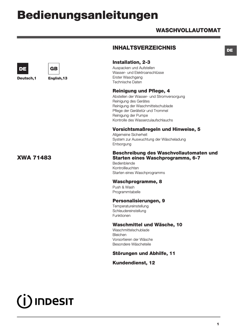 Page 1 de la notice Manuel utilisateur Indesit XWA 71483 X W