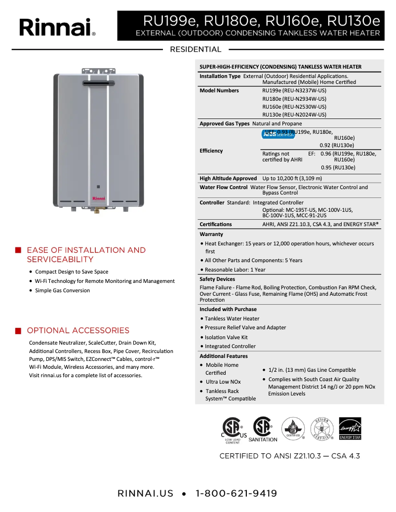 Page 1 de la notice Fiche technique Rinnai RU180eP