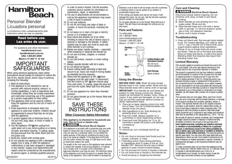 Page n°1 - Manuel utilisateur Hamilton Beach 51101RV