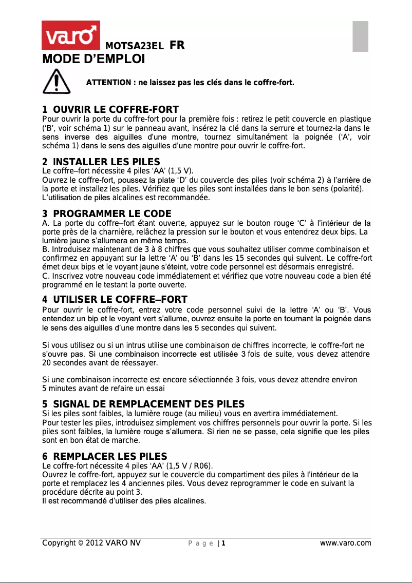 Page 1 de la notice Manuel utilisateur VARO MOTSA23EL