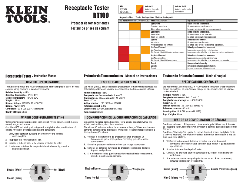 Page n°1 - Manuel utilisateur Klein Tools RT100