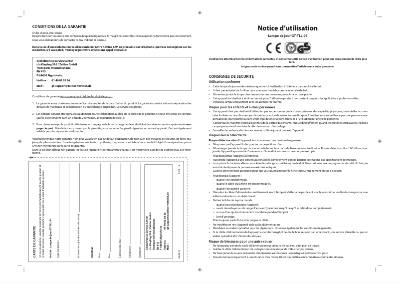 Page n°1 - Manuel utilisateur GlobalTronics GT-TLL-01