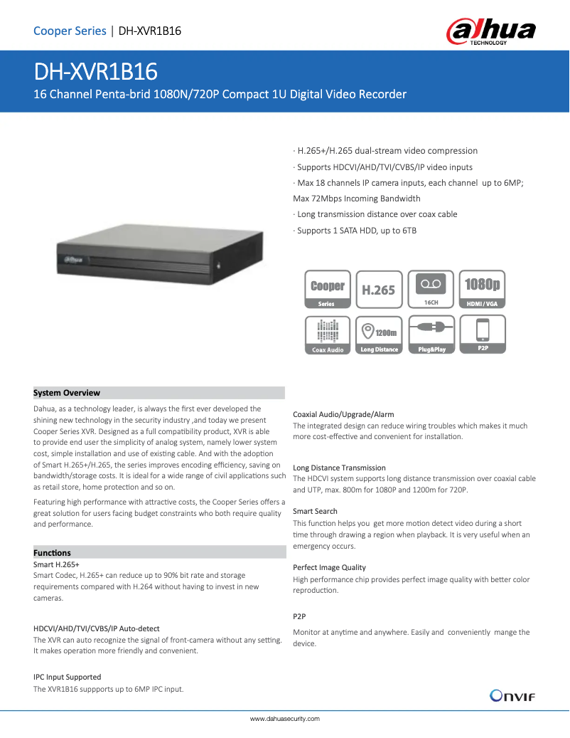 Page 1 de la notice Fiche technique Dahua Technology XVR1B16