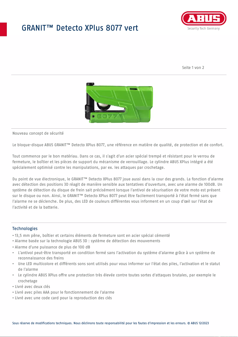 Image de la première page du manuel de l'appareil Granit Detecto 8077