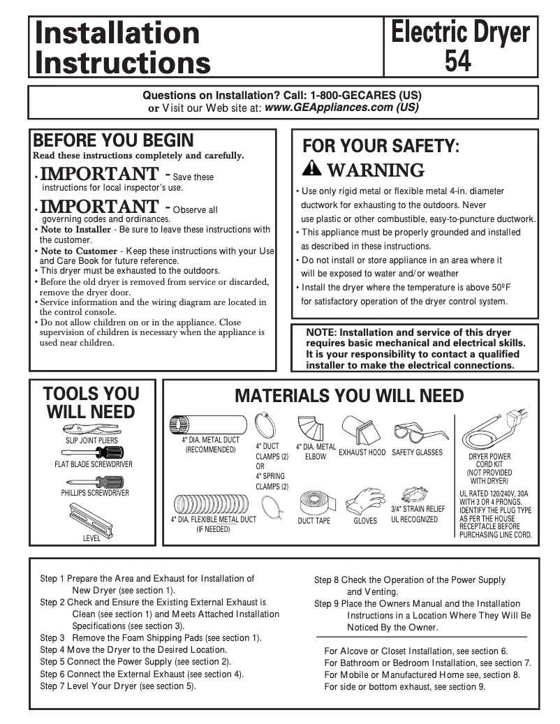 Page 1 of the manual Installation Guide GE DCVH660EHBB