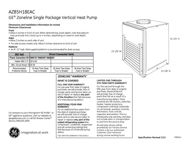 Page 1 de la notice Fiche technique GE AZ85H18EAC Zoneline