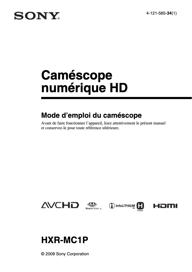 Image de la première page du manuel de l'appareil HXR-MC1P